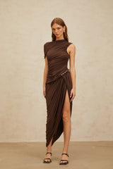 Prune Brown Night Out Asymmetrical Ruched Midi Dress