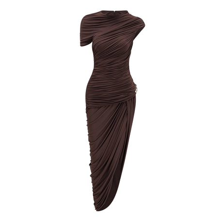 Adelaide Midi Dress Brown Night Out Asymmetrical Ruched