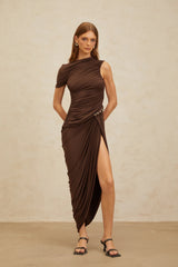Prune Brown Night Out Asymmetrical Ruched Midi Dress