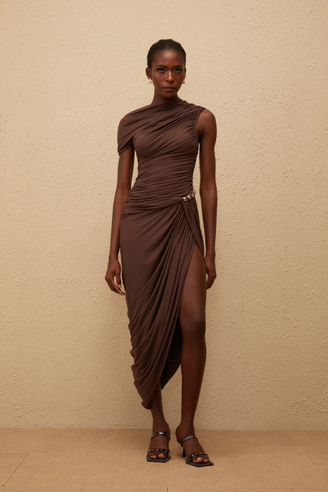 Adelaide Midi Dress Brown Night Out Asymmetrical Ruched
