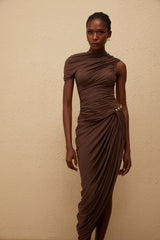 Prune Brown Night Out Asymmetrical Ruched Midi Dress