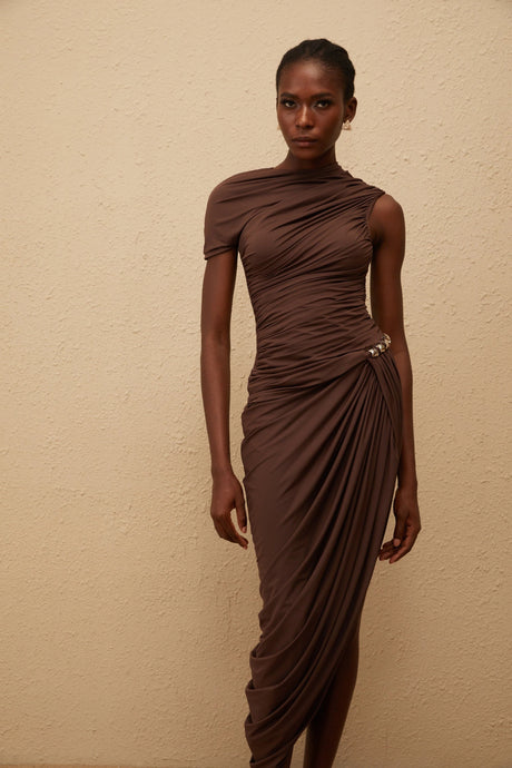 Adelaide Midi Dress Brown Night Out Asymmetrical Ruched