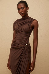 Prune Brown Night Out Asymmetrical Ruched Midi Dress