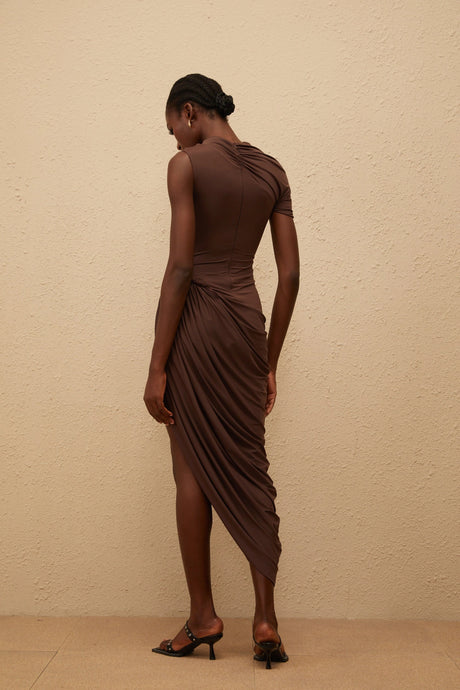 Adelaide Midi Dress Brown Night Out Asymmetrical Ruched