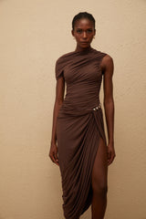 Prune Brown Night Out Asymmetrical Ruched Midi Dress