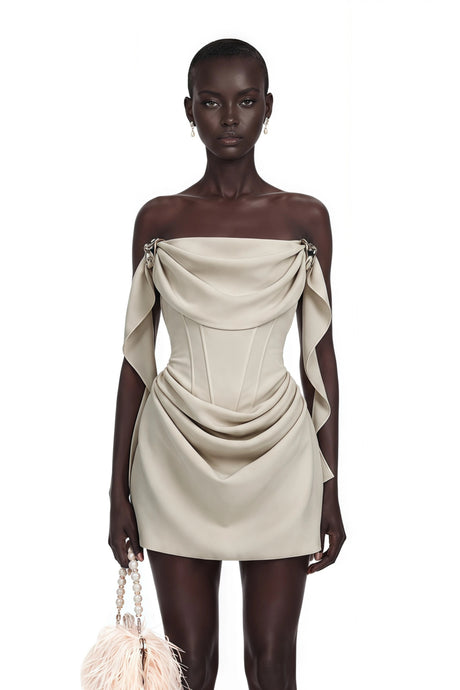 Elda Mini Dress Ivory Ruched with Metal Hardware