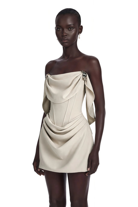 Elda Mini Dress Ivory Ruched with Metal Hardware