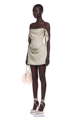 Prune Ivory Ruched Mini Dress with Metal Hardware