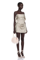 Prune Ivory Ruched Mini Dress with Metal Hardware