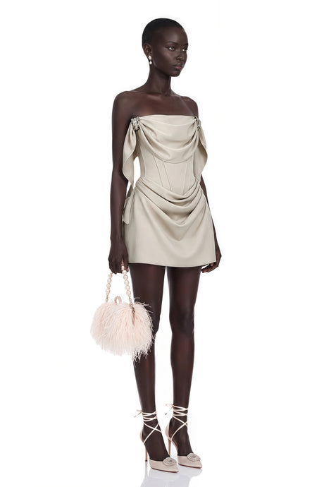 Elda Mini Dress Ivory Ruched with Metal Hardware
