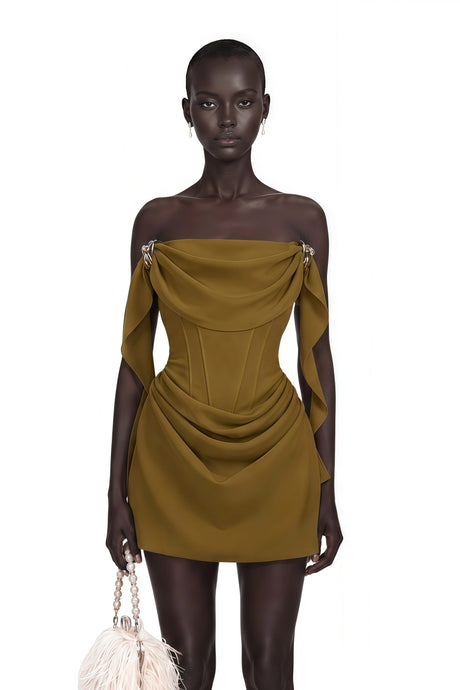 Andromeda Mini Dress Olive Green Ruched with Metal Hardware
