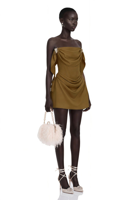 Andromeda Mini Dress Olive Green Ruched with Metal Hardware