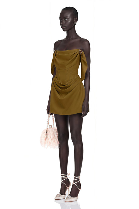 Andromeda Mini Dress Olive Green Ruched with Metal Hardware