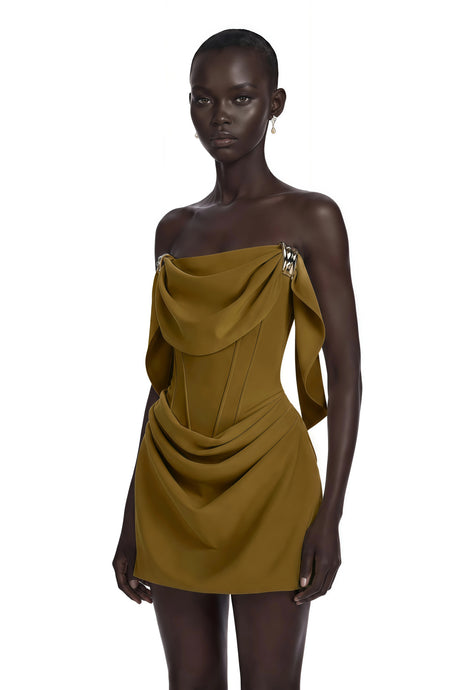 Andromeda Mini Dress Olive Green Ruched with Metal Hardware