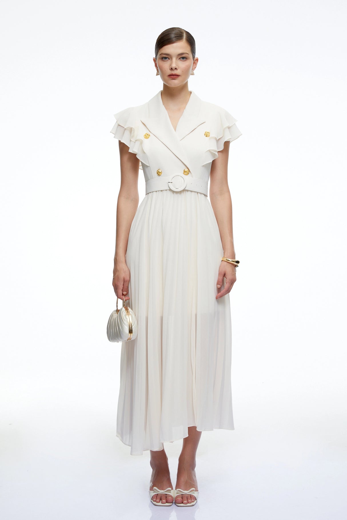 Prunelle Neutral Ruffled Pleated Maxi Dress