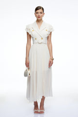 Prunelle Neutral Ruffled Pleated Maxi Dress