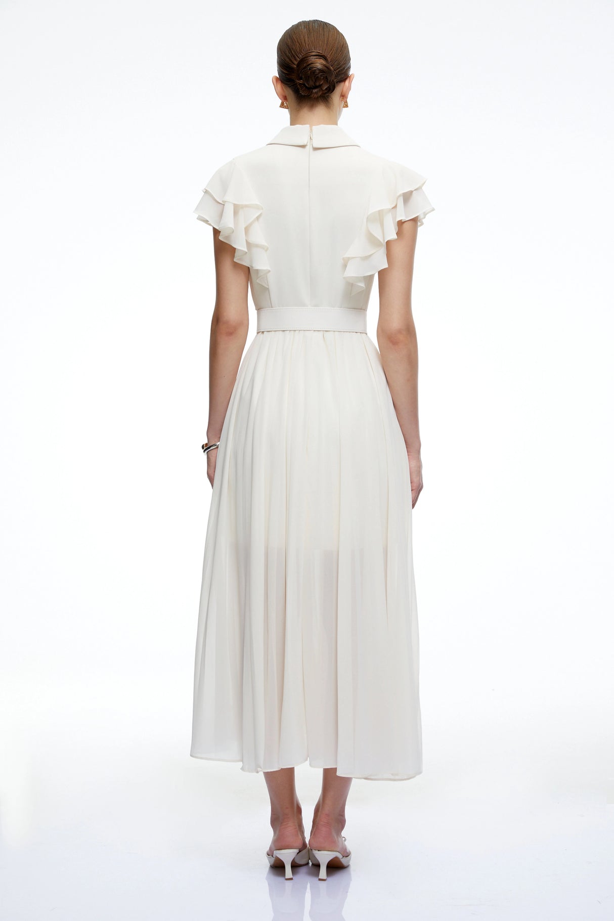Prunelle Neutral Ruffled Pleated Maxi Dress