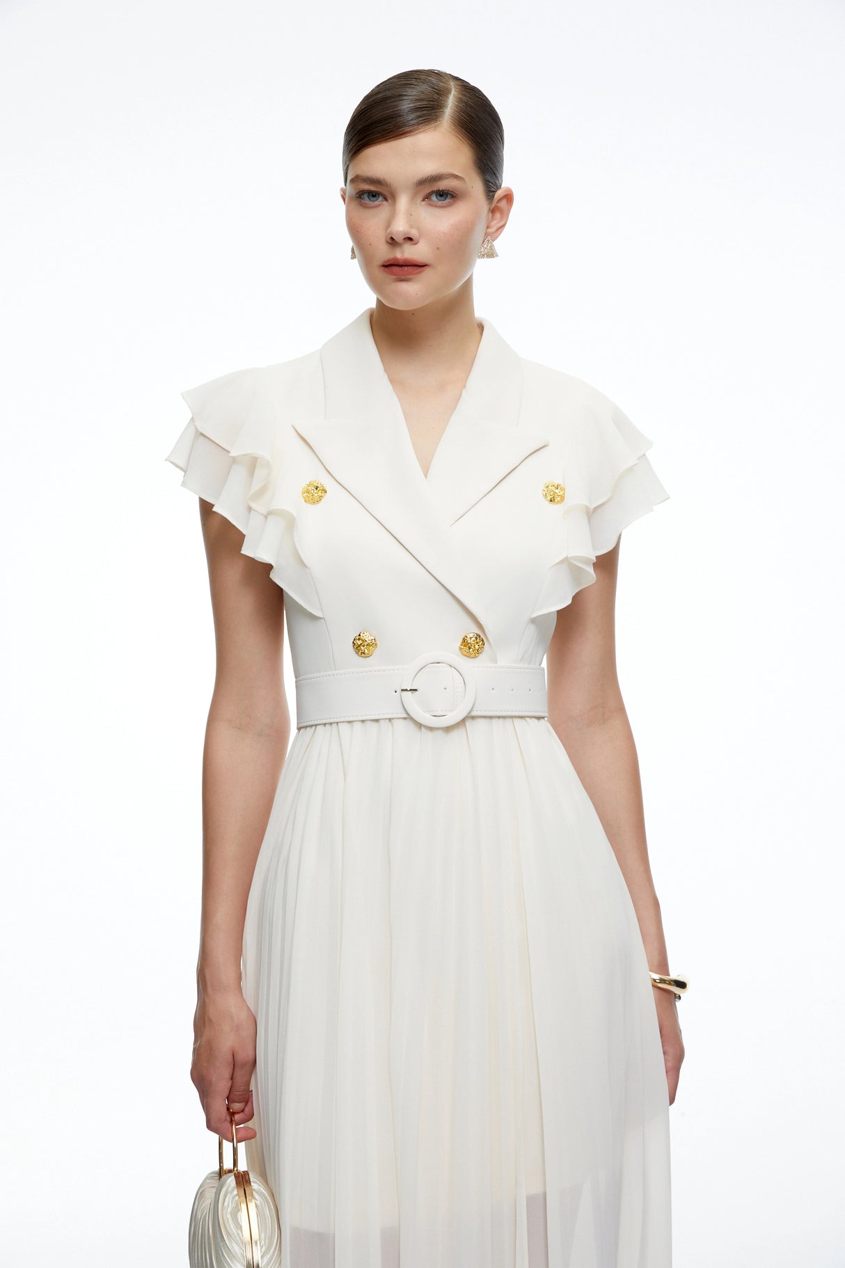 Prunelle Neutral Ruffled Pleated Maxi Dress