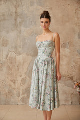 Prunelle sagegreen floralprint shirred midi dress