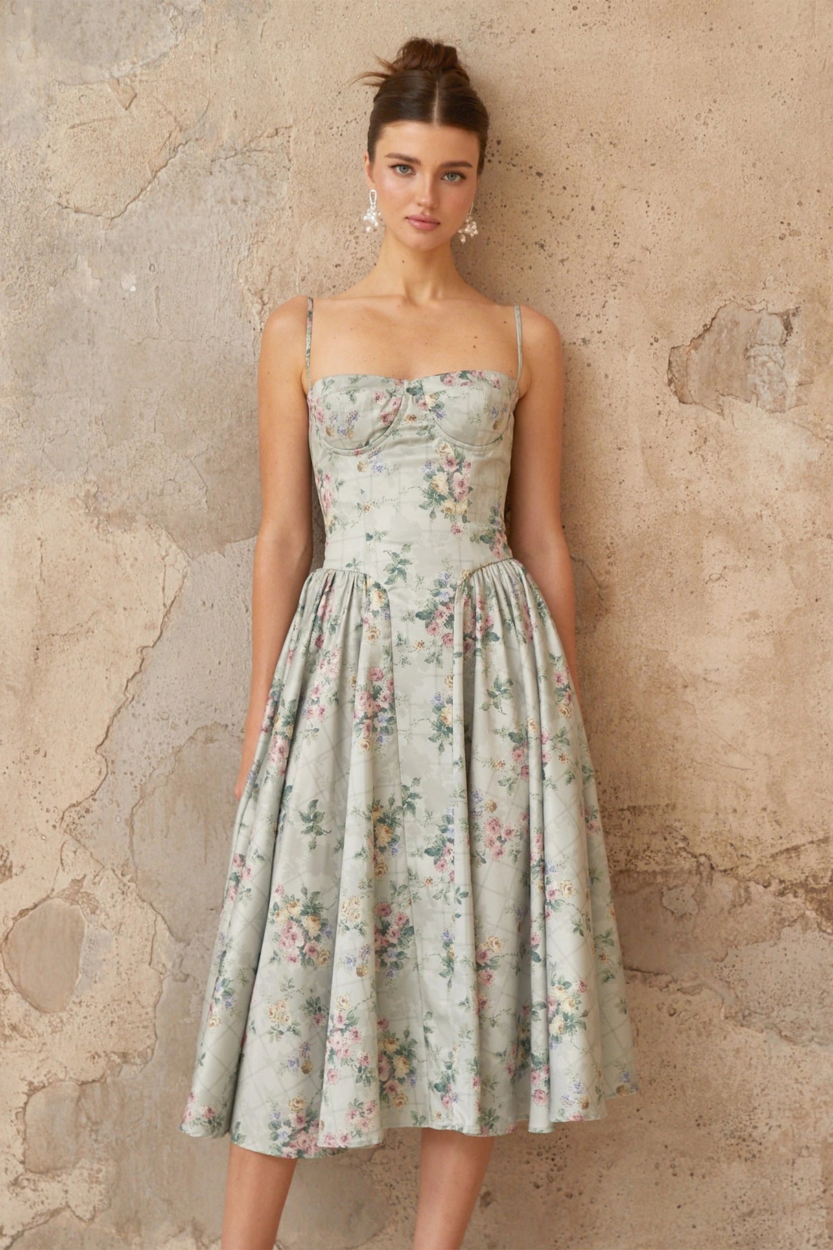 Prunelle sagegreen floralprint shirred midi dress