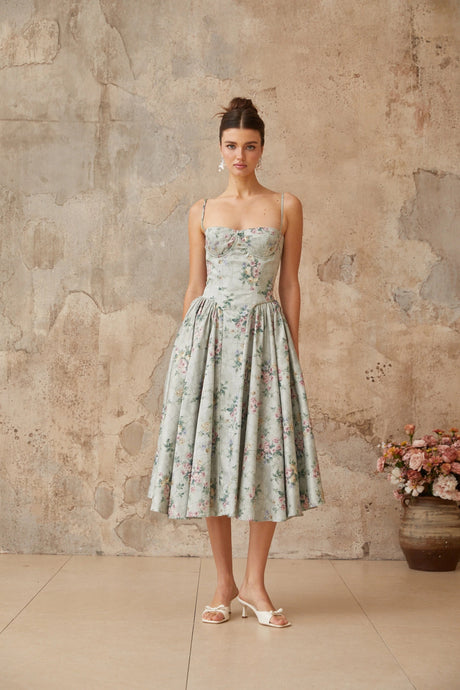 Isabella midi dress sage-green floral-print shirred