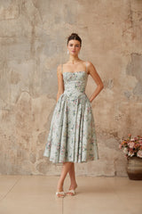 Prunelle sagegreen floralprint shirred midi dress