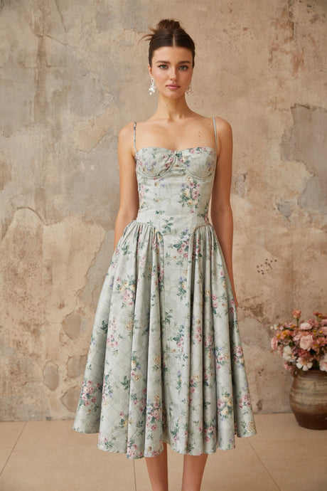Isabella midi dress sage-green floral-print shirred