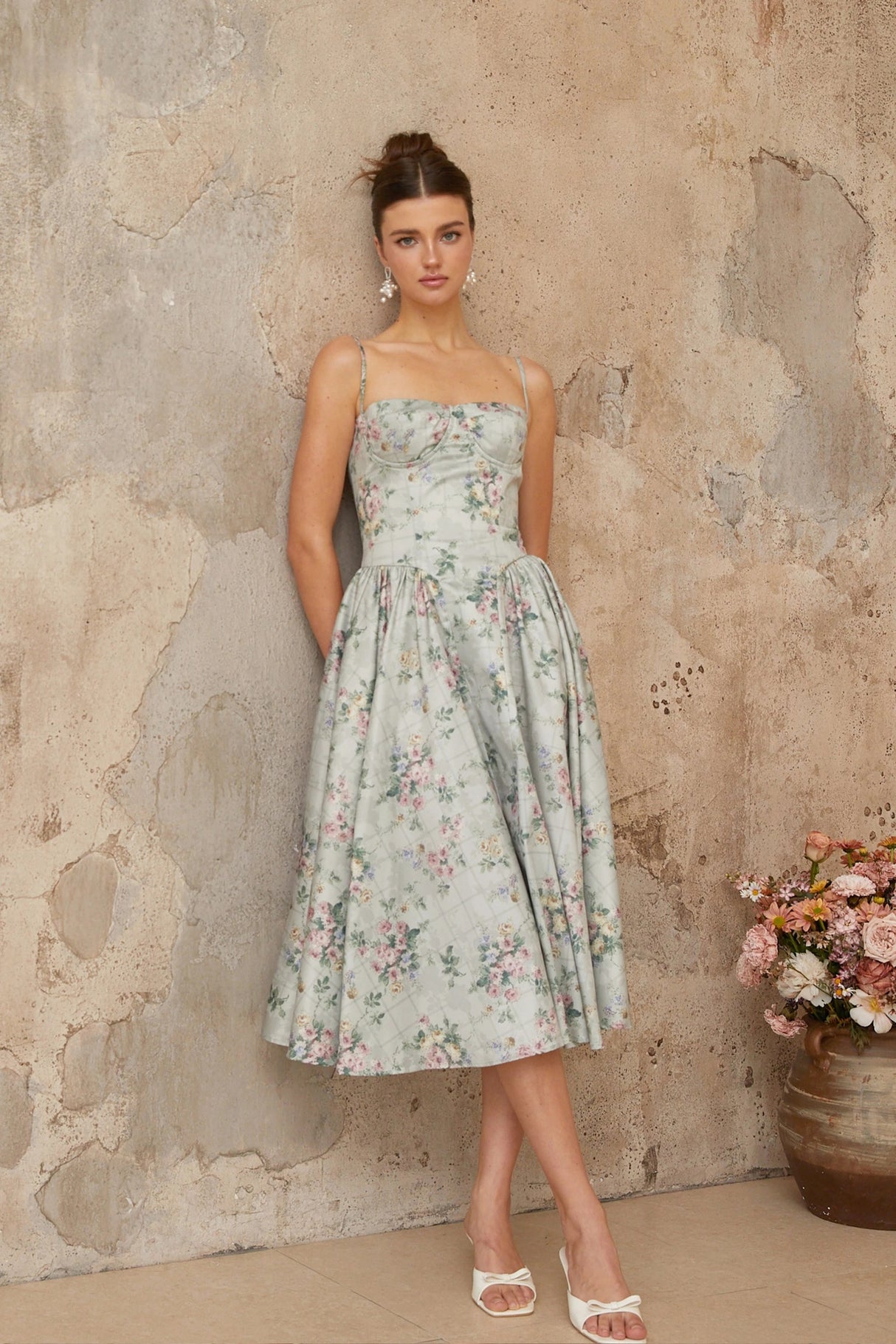 Prunelle sagegreen floralprint shirred midi dress