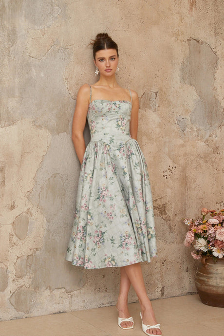 Isabella midi dress sage-green floral-print shirred
