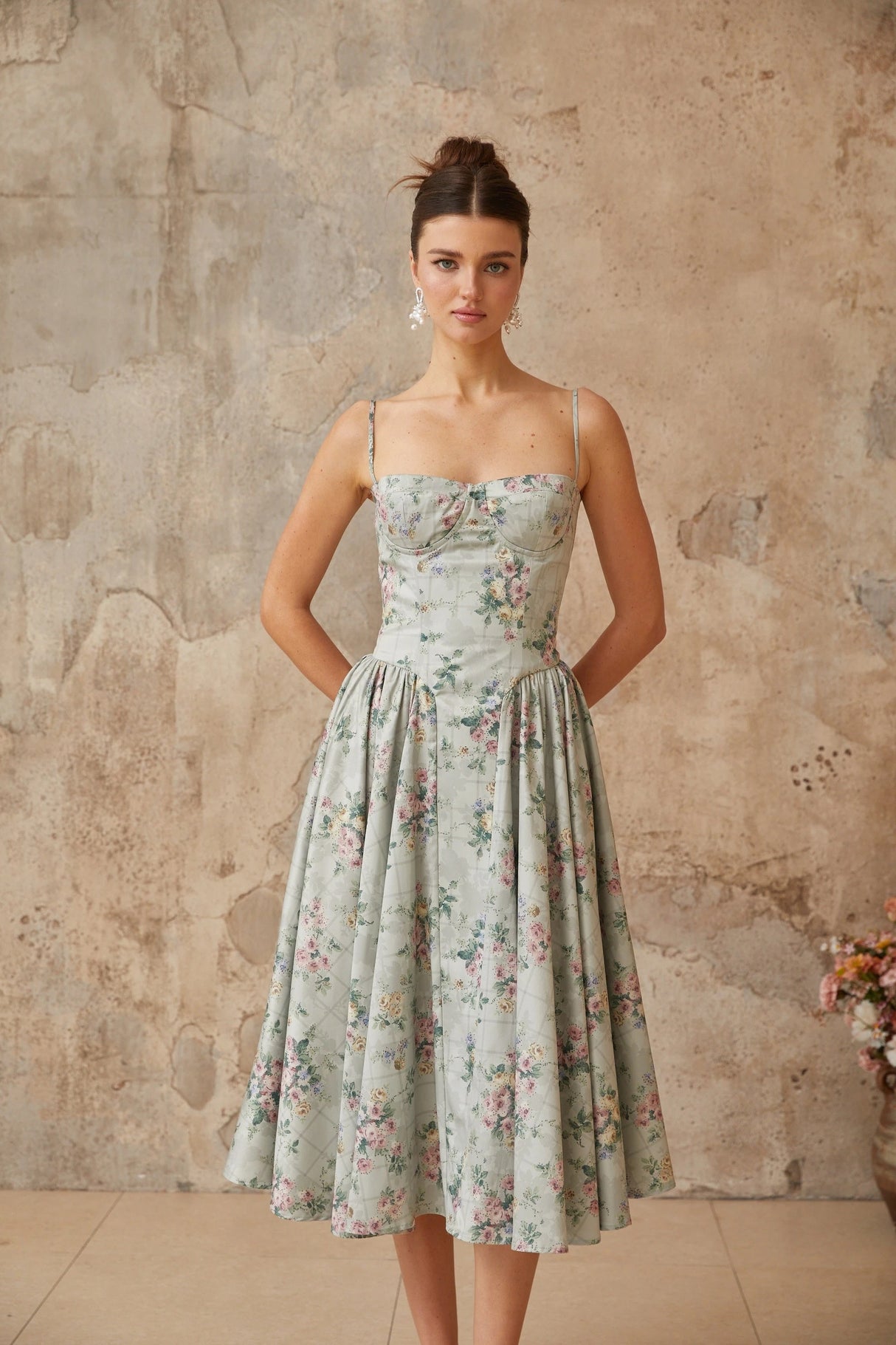 Prunelle sagegreen floralprint shirred midi dress