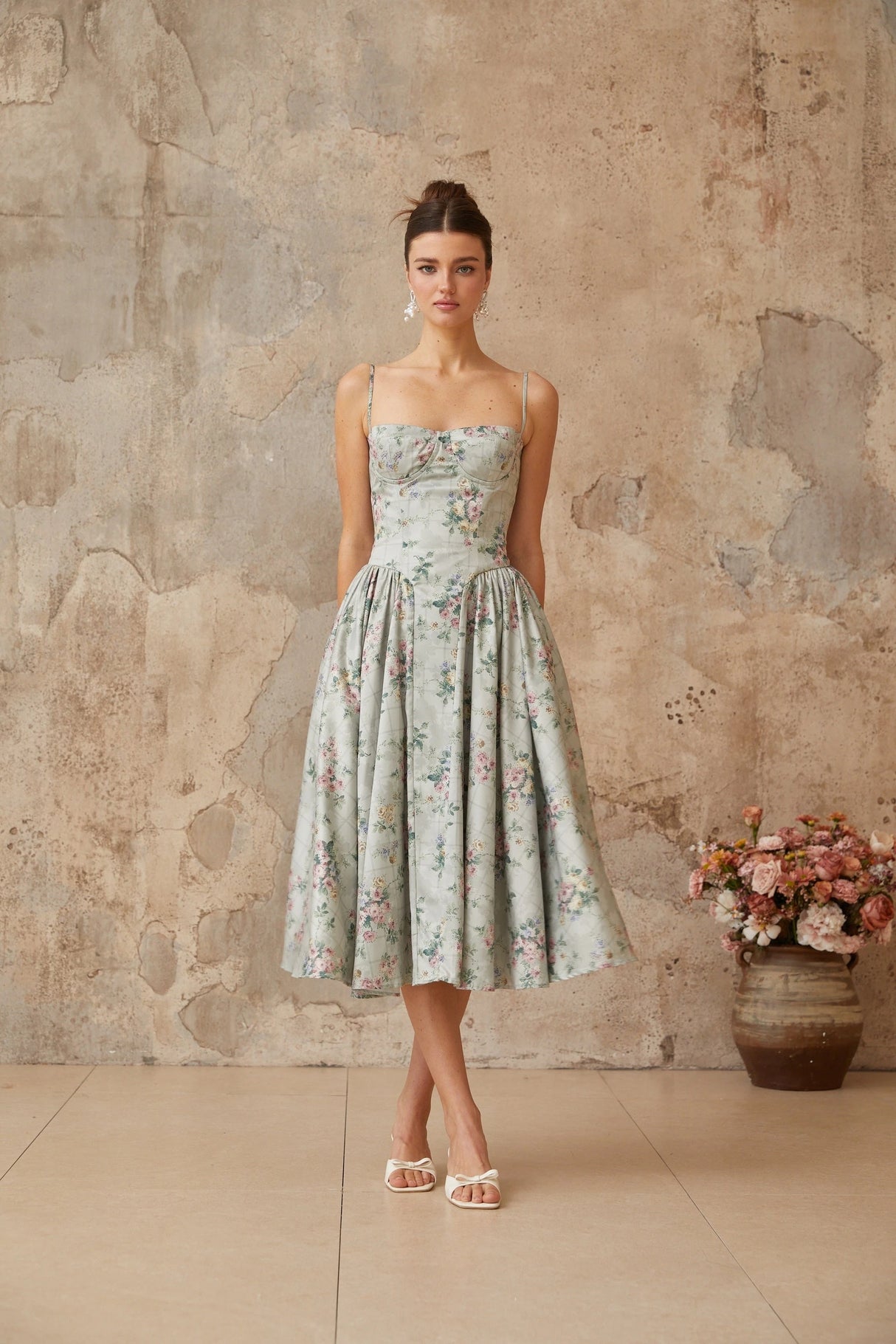 Prunelle sagegreen floralprint shirred midi dress