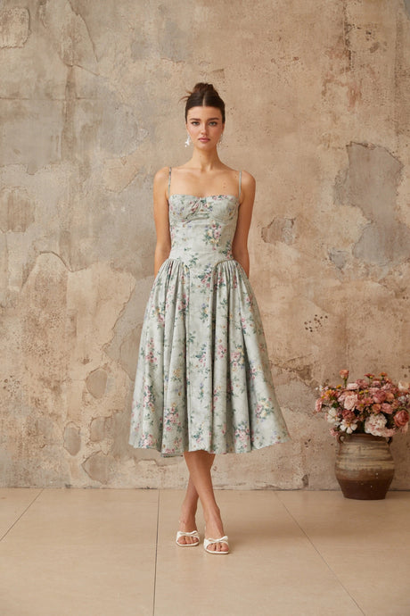 Isabella midi dress sage-green floral-print shirred