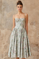 Prunelle sagegreen floralprint shirred midi dress