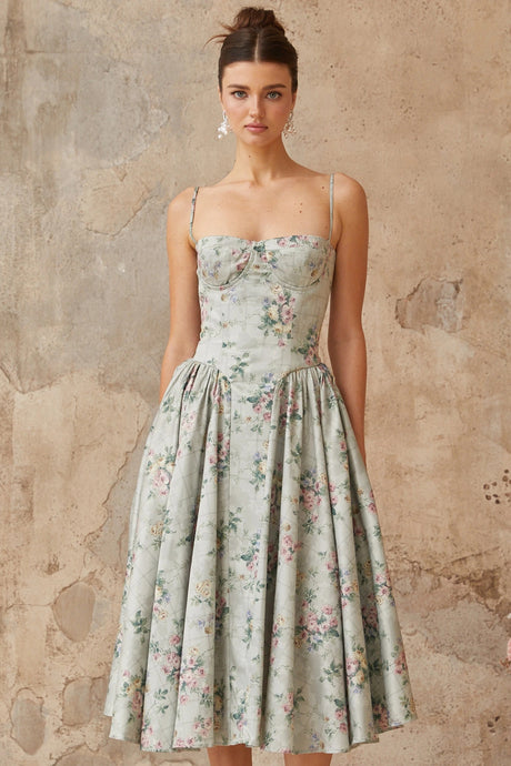 Isabella midi dress sage-green floral-print shirred