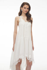 Qadesh White Floral Lace Sleeveless Midi Dress