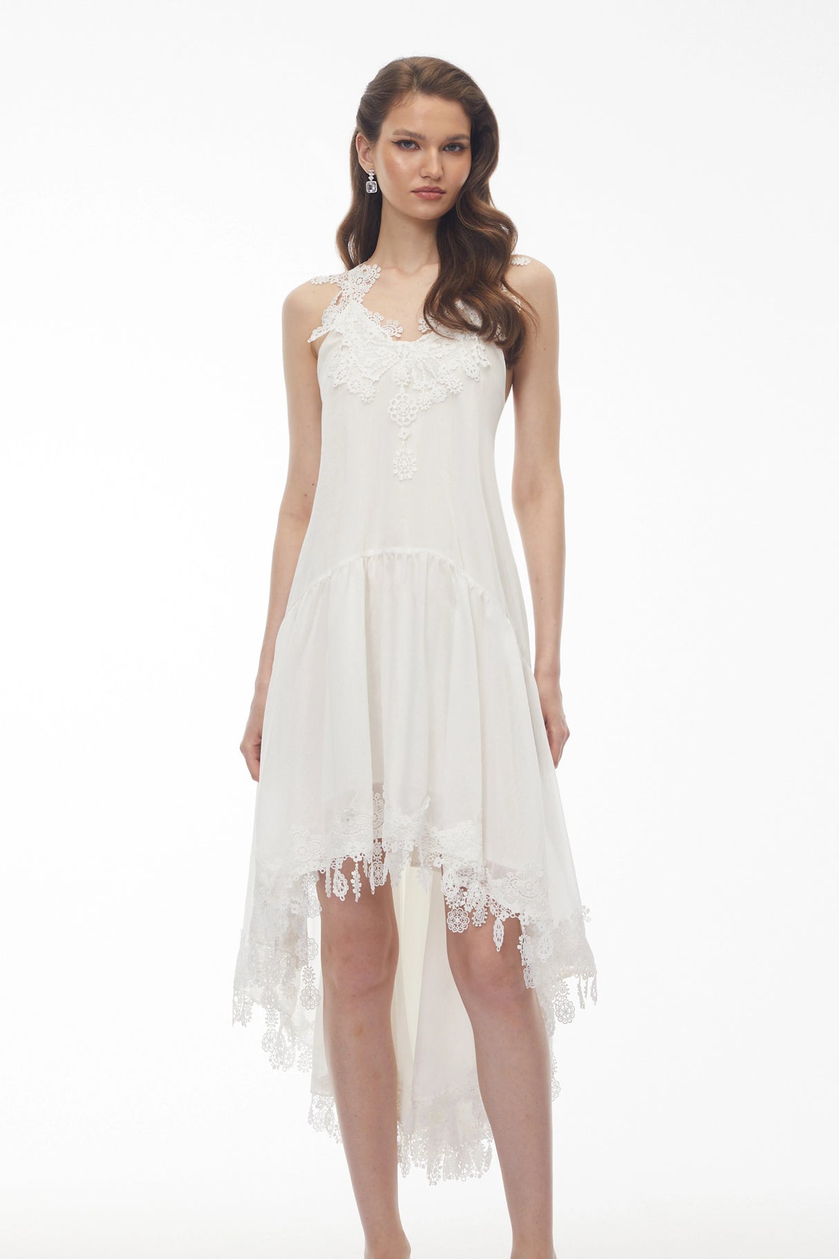 Qadesh White Floral Lace Sleeveless Midi Dress