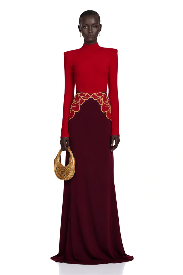 Quenilda Red High Neck Embroidered Maxi Dress