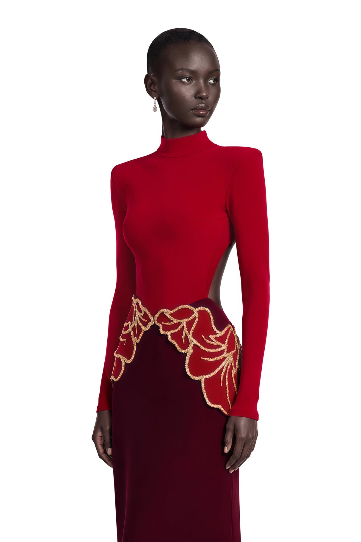 Quenilda Red High Neck Embroidered Maxi Dress