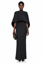 Querubina Black Draped Cape Ruched Maxi Dress