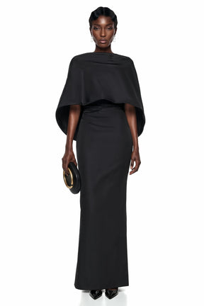 Querubina Black Draped Cape Ruched Maxi Dress