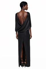 Querubina Black Draped Cape Ruched Maxi Dress