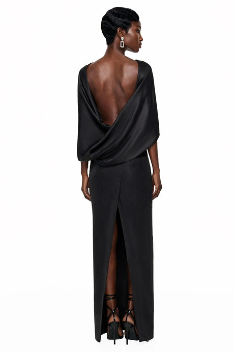Camryn Maxi Dress Black Draped Cape Ruched