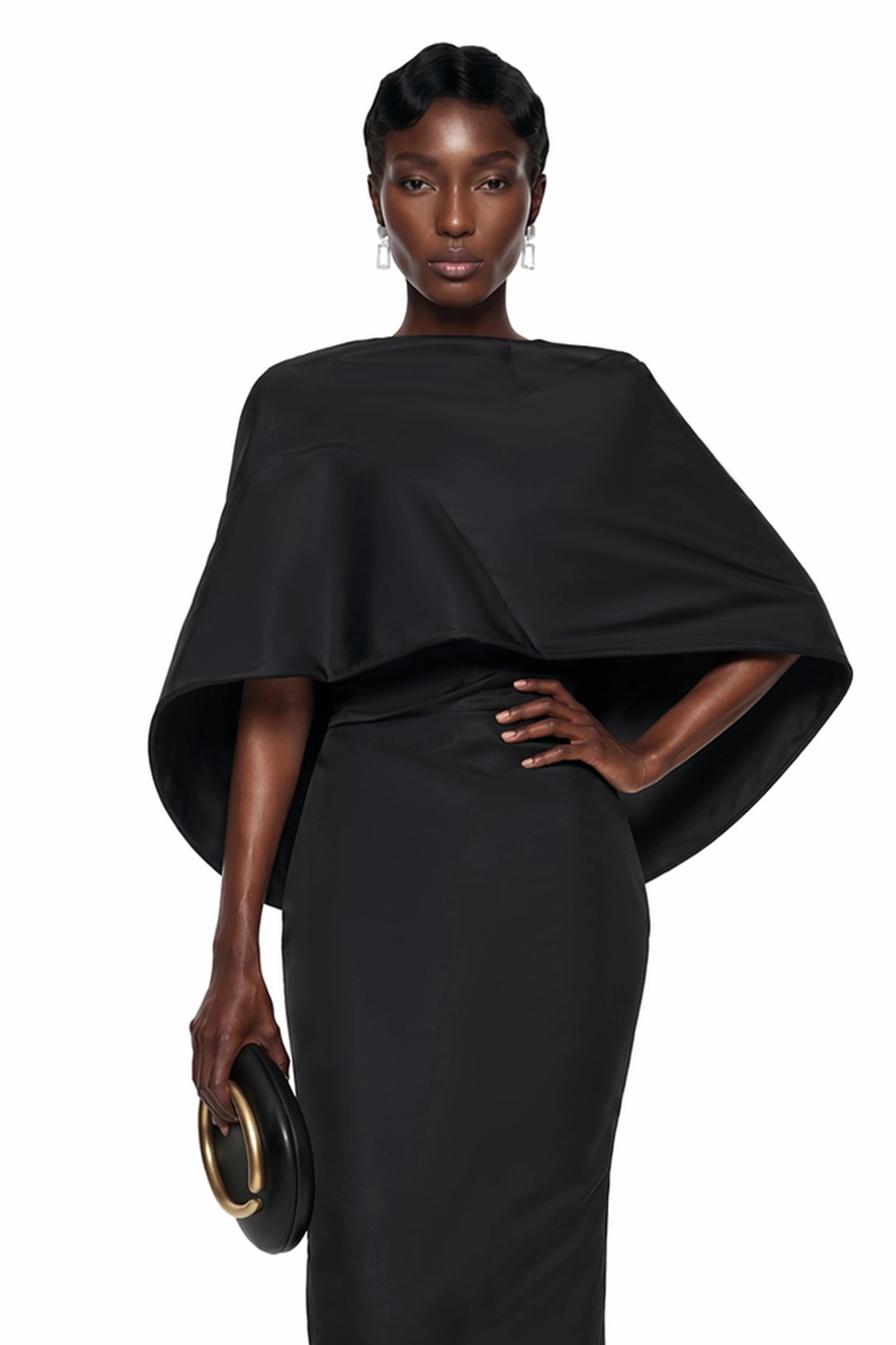 Querubina Black Draped Cape Ruched Maxi Dress