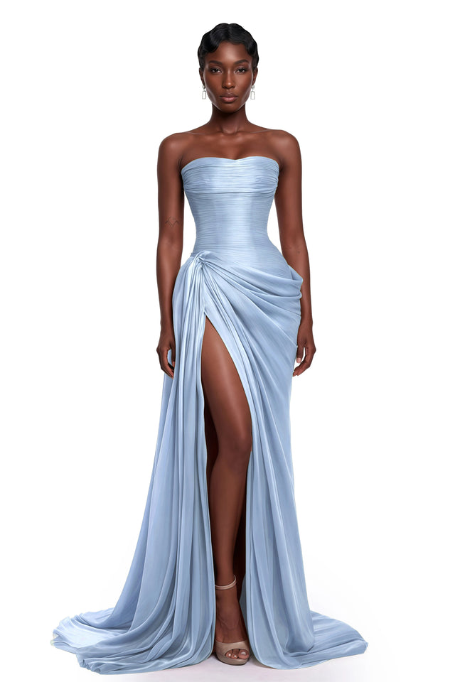 Querubina Blue Asymmetrical Ruched Maxi Dress