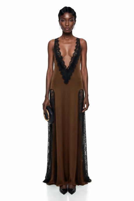 Silvia Maxi Dress Olive Backless Lace Trim Satin