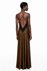 Querubina Olive Backless Lace Trim Satin Maxi Dress