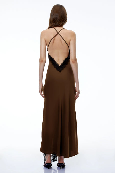 Ivanka Maxi Dress Olive Backless Lace Trim Satin
