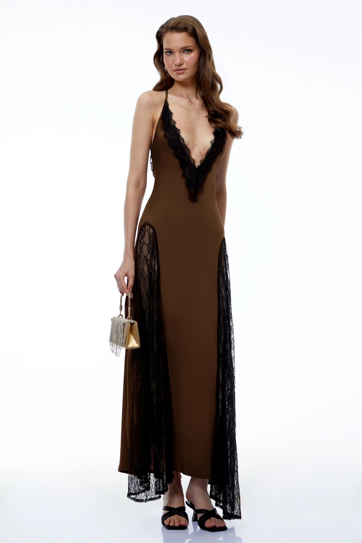 Querubina Olive Backless Lace Trim Satin Maxi Dress