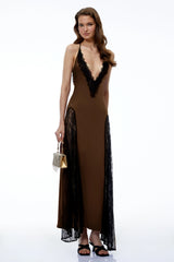 Querubina Olive Backless Lace Trim Satin Maxi Dress
