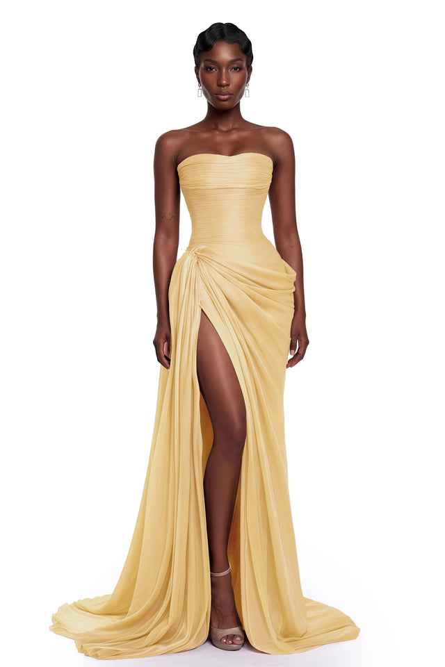 Querubina Yellow Asymmetrical Ruched Maxi Dress